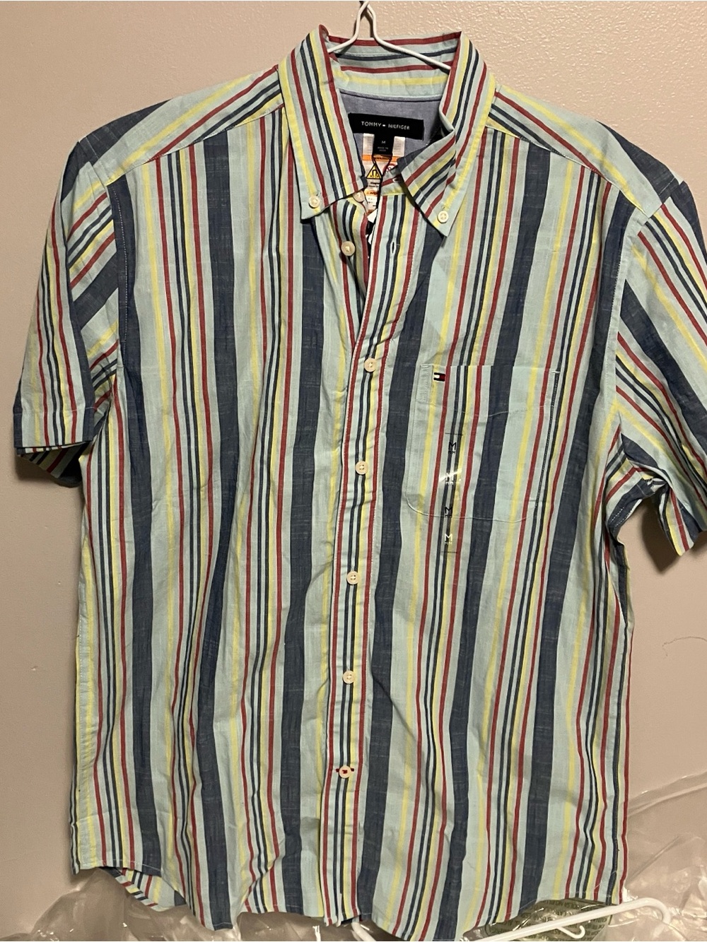 Tommy Hilfiger Short Sleeve Button-Down Stripe Shirt - Blue/Yellow/Red